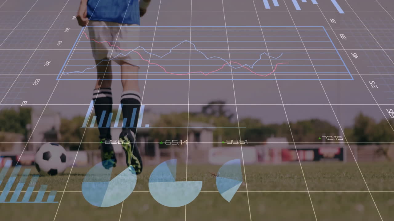 Analyzing performance statistics, soccer player on field with animation data graphs