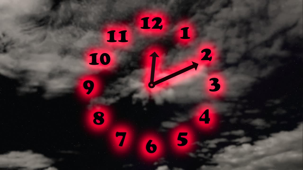 Animazione al neon di orologio con il tempo che scorre con un cielo temporalesco scuro sullo sfondo