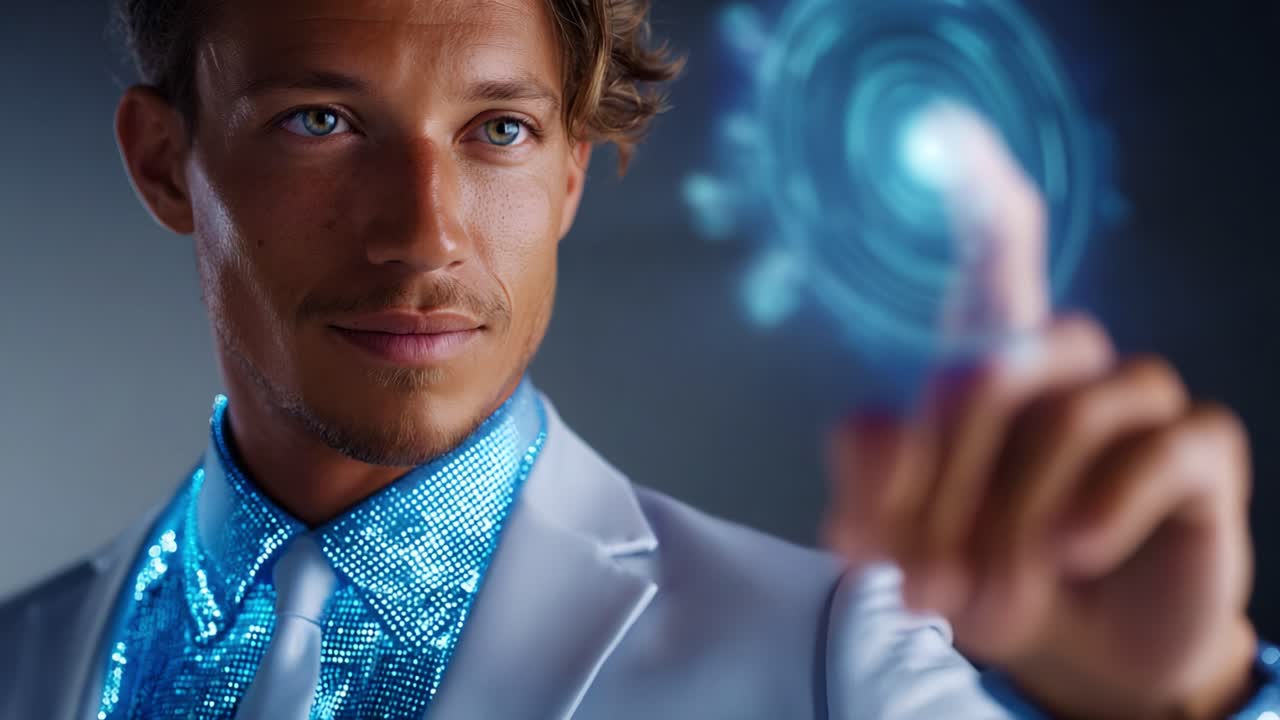 Ein futuristischer Mann in einem schimmernden Anzug interagiert mit einer ätherischen digitalen Benutzeroberfläche, die fortschrittliche Technologie und Kreativität mit fesselnden blauen Lichteffekten demonstriert