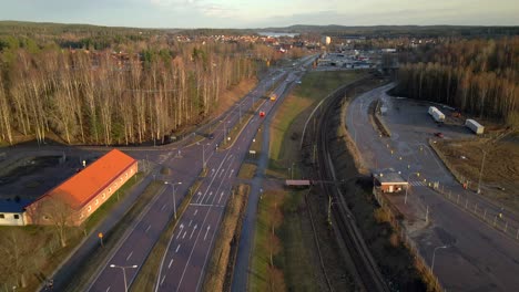 fire trucks with flashing lights speeding on highway, long shot, aerial