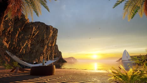 beautiful sand beach, with waves coming in, cliffs, palm trees, beach chair, and a small table with a bottle of wine, 3d animation low view