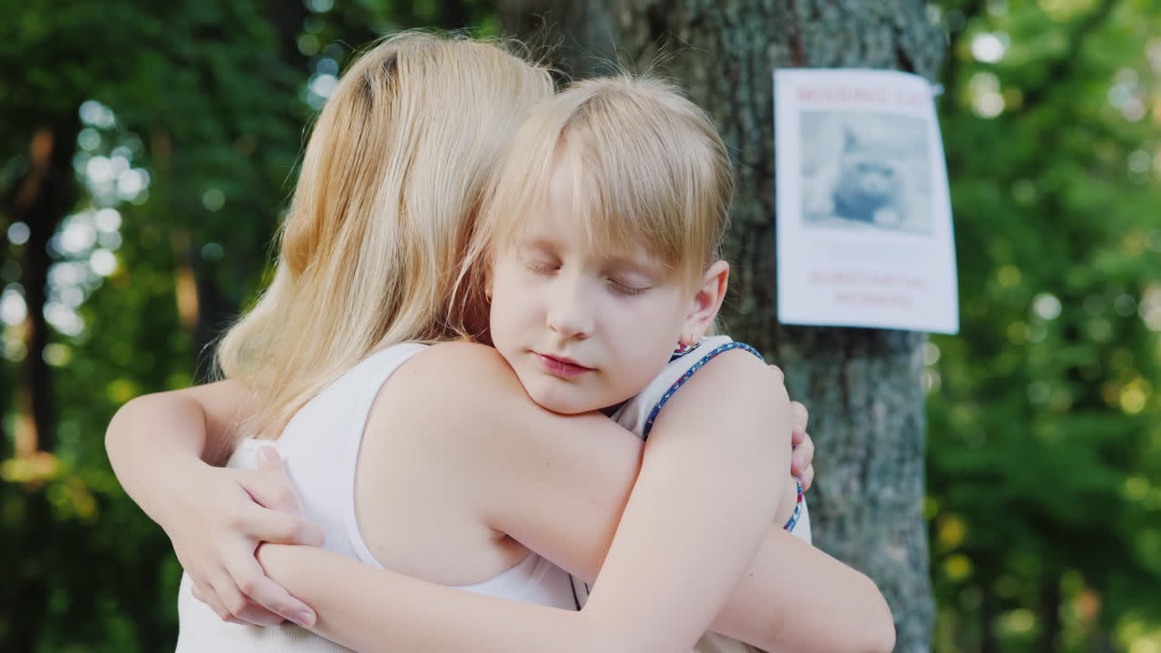엄마는 고양이를 잃은 딸을 달래고 안아줍니다.