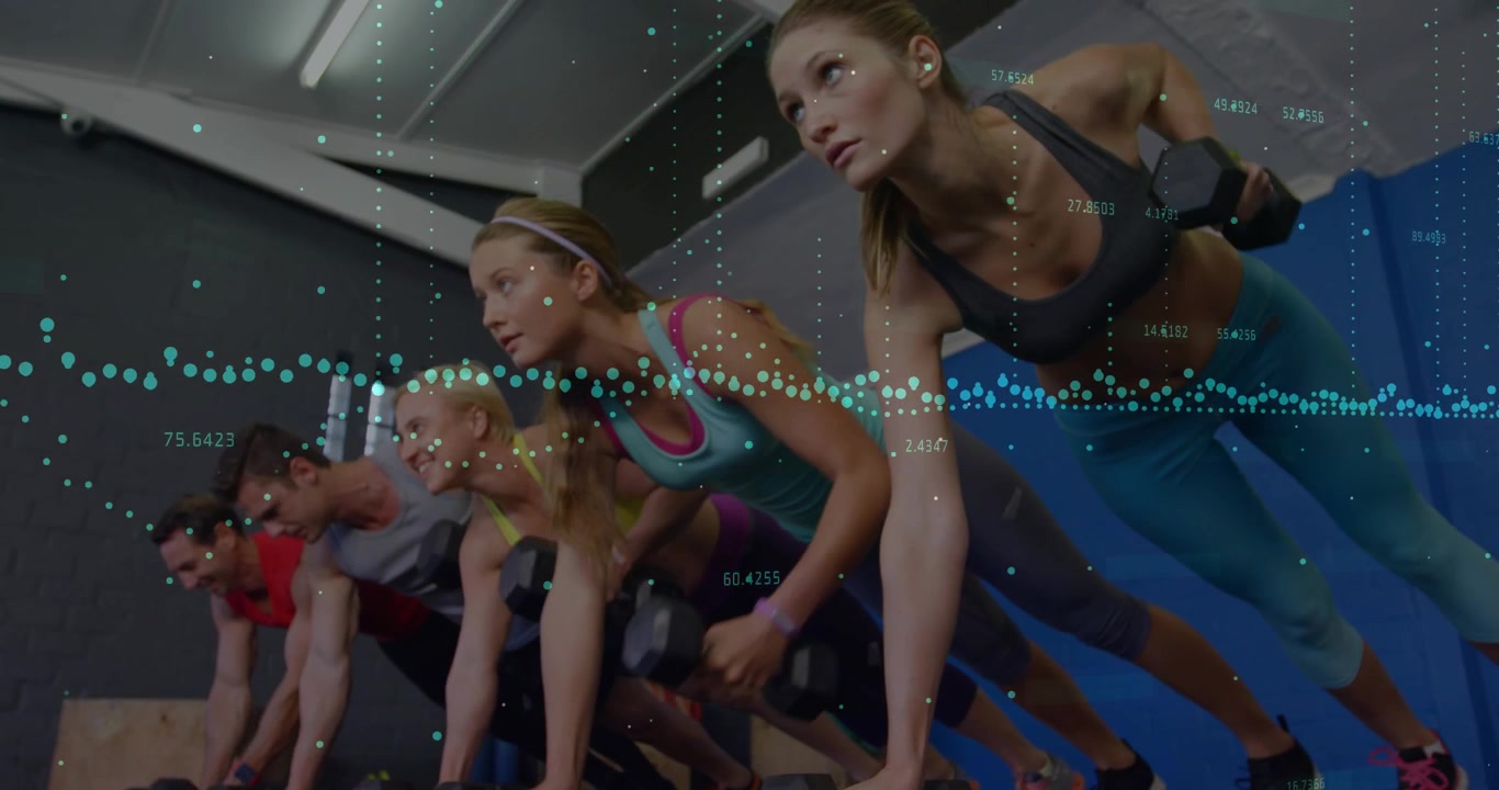 Fitness class after hold doing plank-to-row with dumbbells, data overlay tracking reps for core