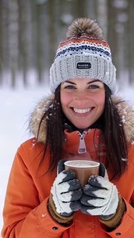 smiling young woman with a cup of hot coffee in a snowy forest