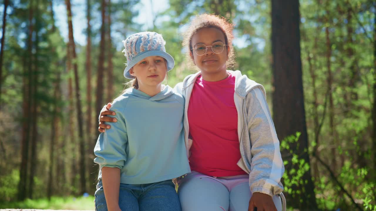 Two young girls sitting in a forest