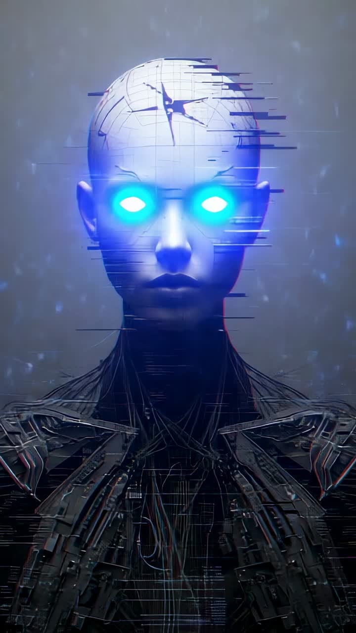 Vertical video: Glitch lines forming on plating activating android pulsing blue cores in tech void