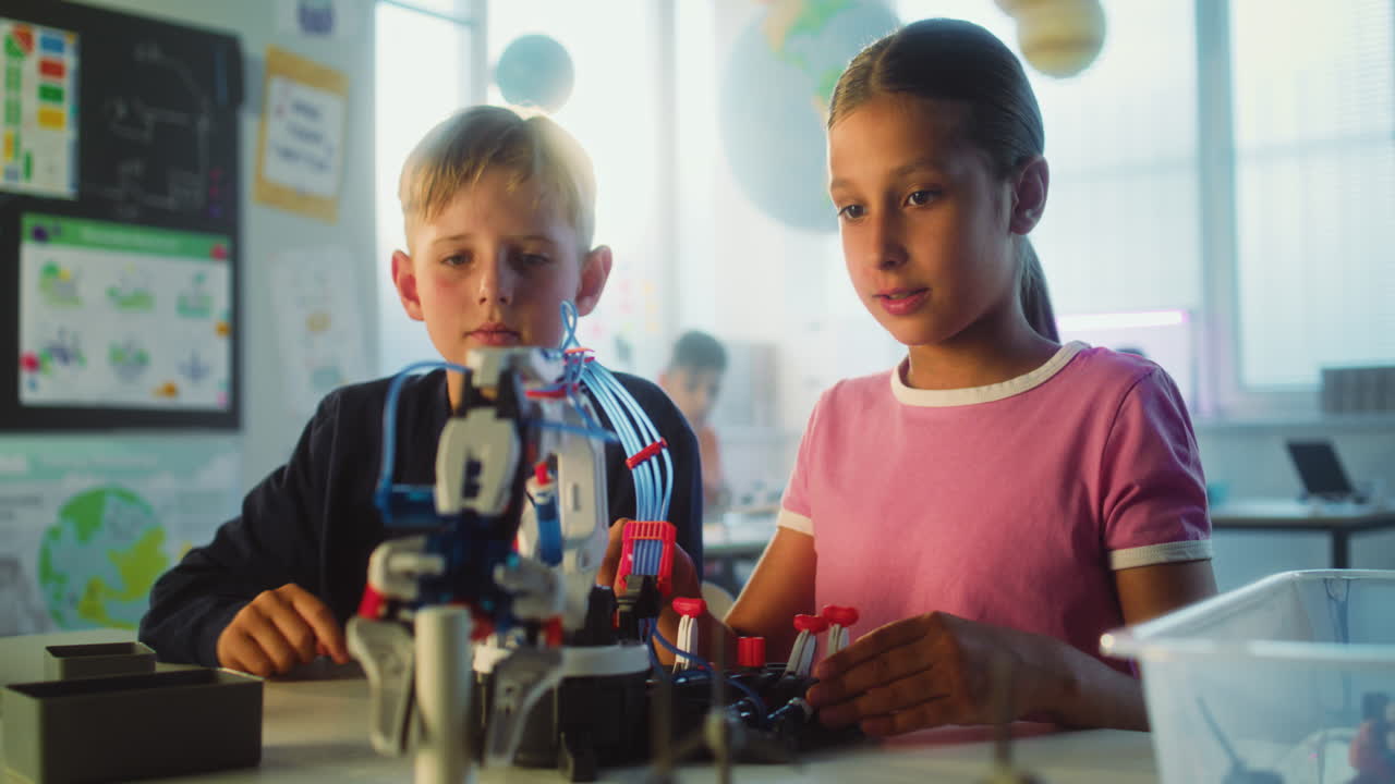 Children building a robot arm in classroom