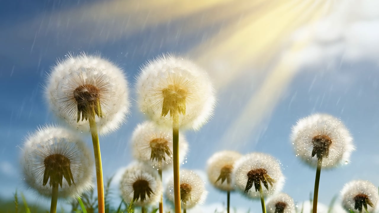 Backlit Dandelion Seedheads In Sunlight, Cinematic Golden Rays Filtering Through Clouds, Low Angle Meadow View