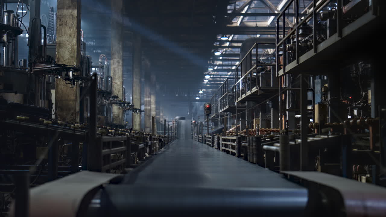 Cinta transportadora de taller de neumáticos trasladando nueva producción de caucho en fábrica industrial.