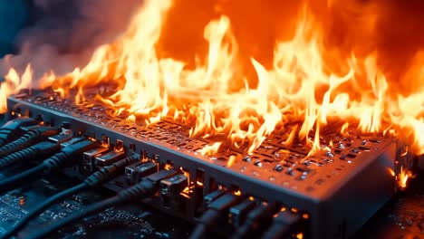 a computer motherboard on fire with many wires on it