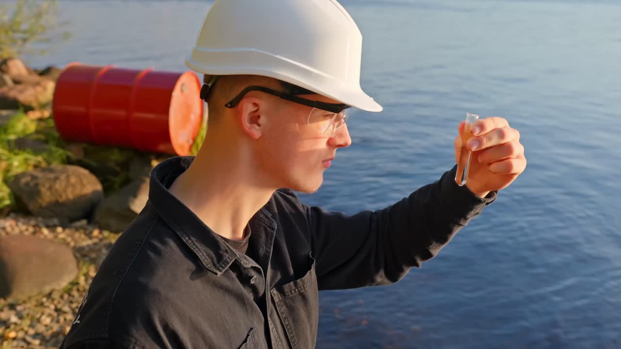Scientist tests water quality by river, assessing pollution, environment care
