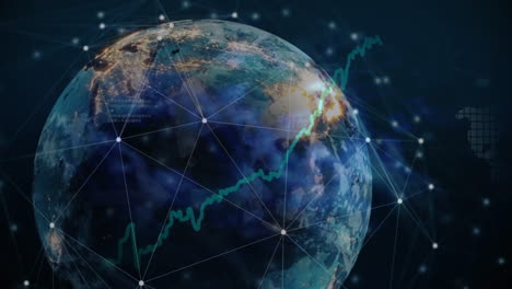 animation of network of connections and financial statistics over globe on black background