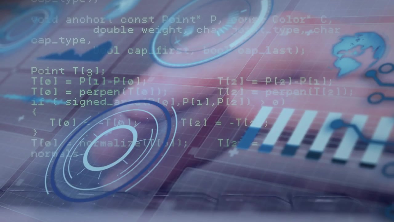 Developer's fingers tapping keyboard summoning HUD scrolling code and updating bar chart for coding