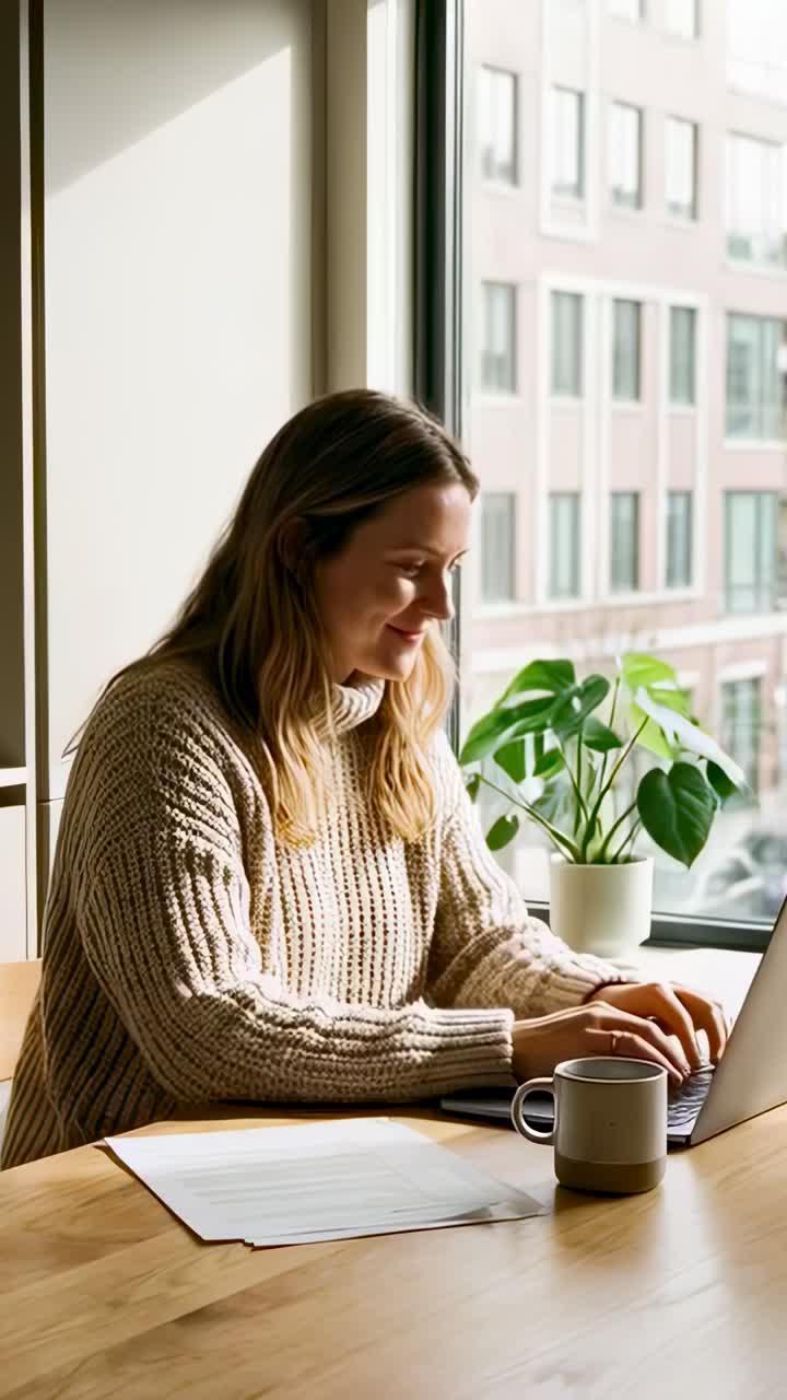 Video verticale: donna con un laptop seduta a un tavolo vicino alla finestra, indossa un maglione, digita e controlla dei documenti, tazza