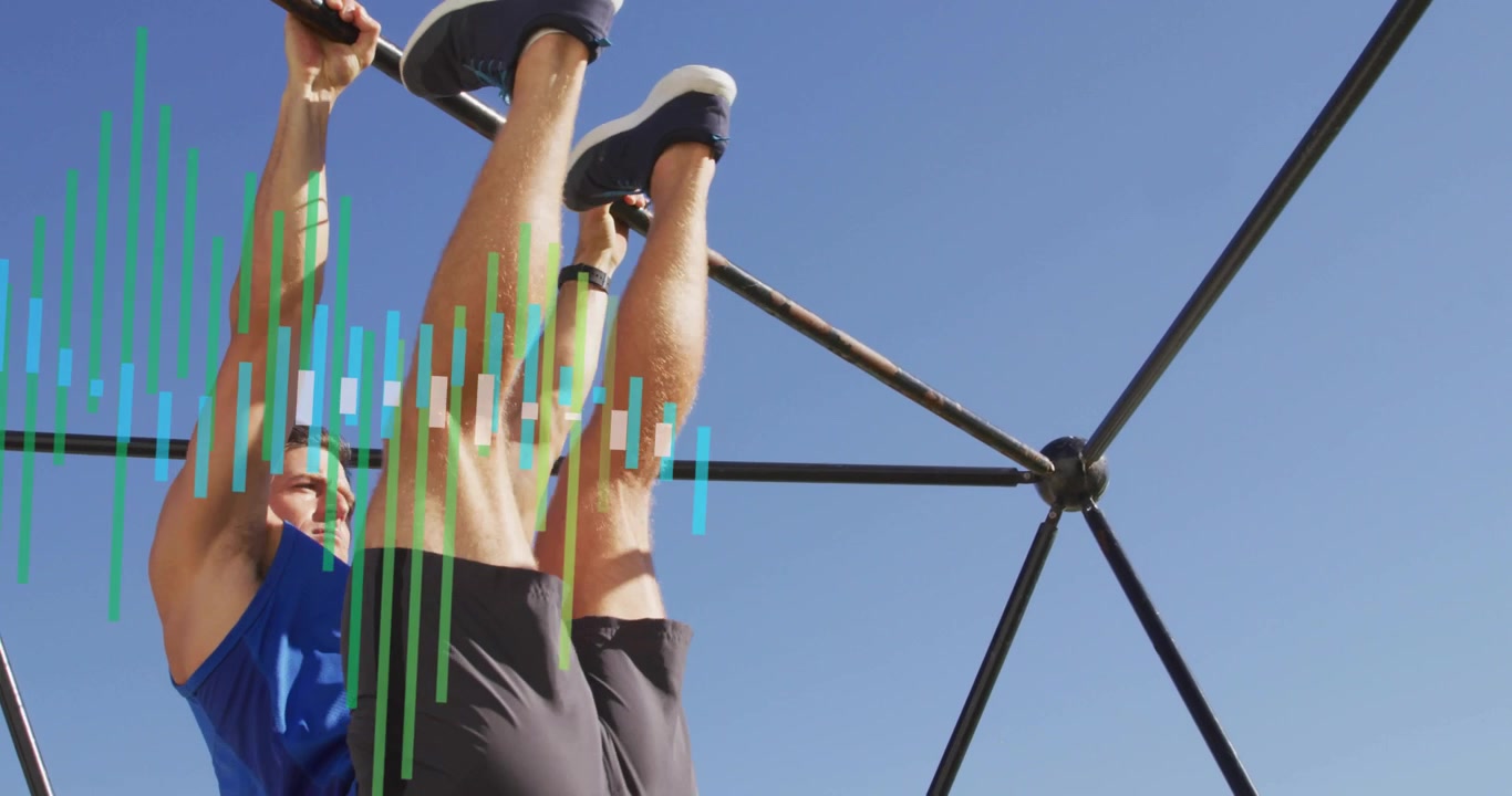 Uomo che afferra una sbarra ed esegue sollevamenti delle gambe appeso per la forza del core nel fitness, con barre animate in sovrapposizione.