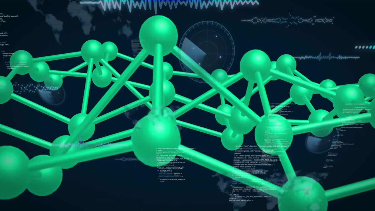 Green molecular structure animation over digital data and world map background