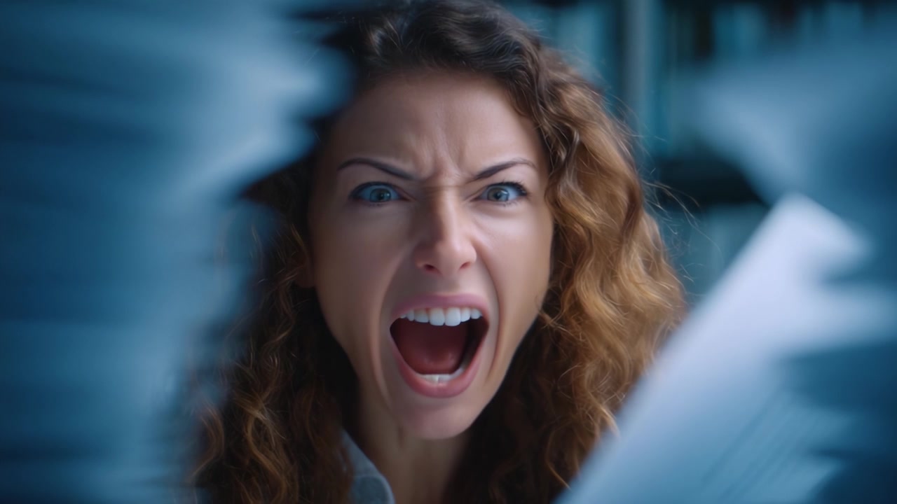 Frustration and Chaos: A Woman Expresses Anger Amidst a Storm of Documents in an Intense Office Environment