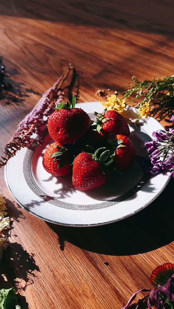 fresas en un plato con flores secas