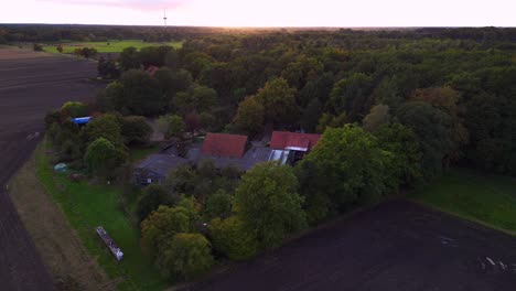 traditional north german farm is nestled in the forest, photographed from above. spectacular aerial view flight descending drone