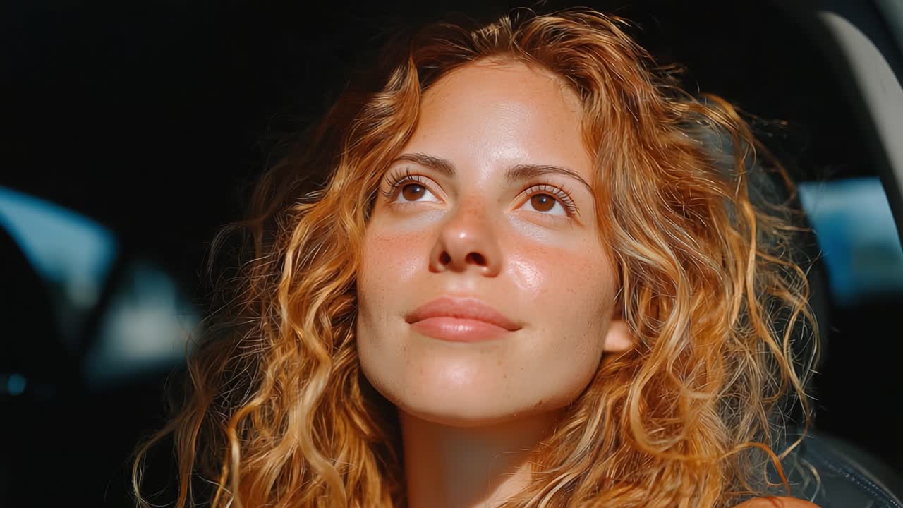 Un sereno viaggio di auto-riflessione: Una giovane donna con bellissimi capelli ricci si gode il momento ad occhi chiusi, abbracciando calore e serenità nella natura.