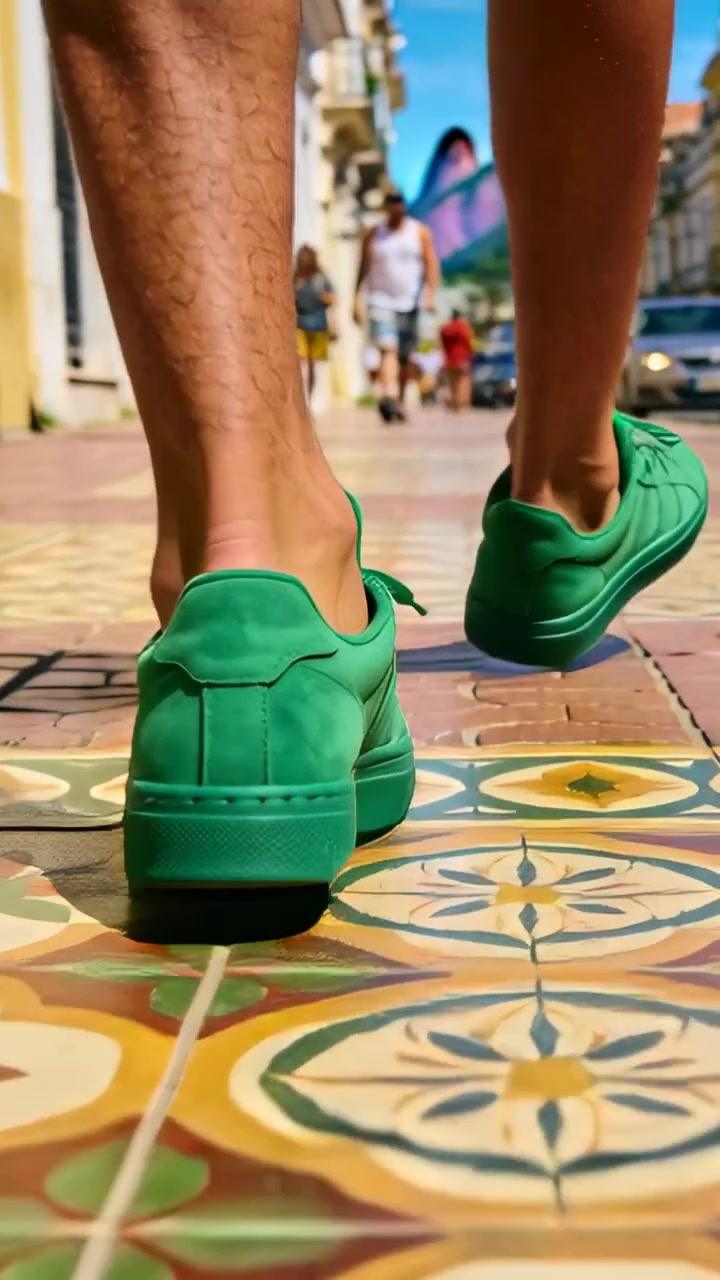 Vertikal video: Gående mand i shorts løfter højre hæl, træder på flisebelagt sti med grønne sneakers