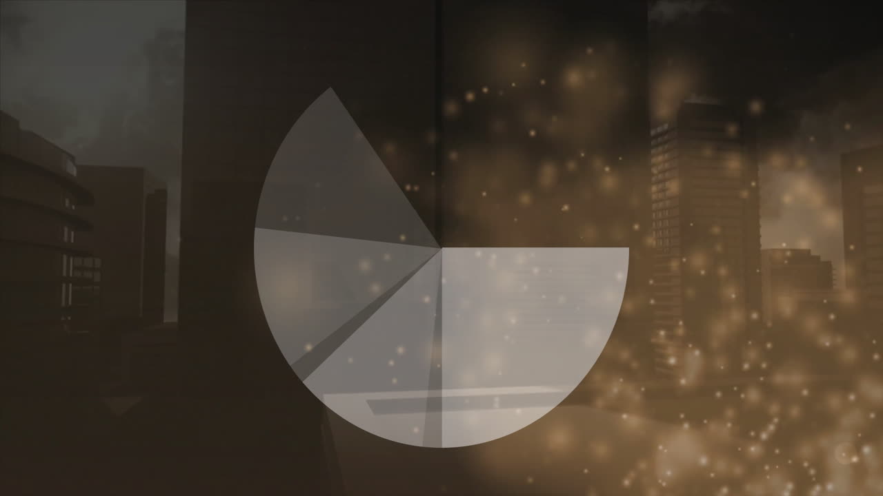 Pie chart animation over cityscape with glowing particles in foreground
