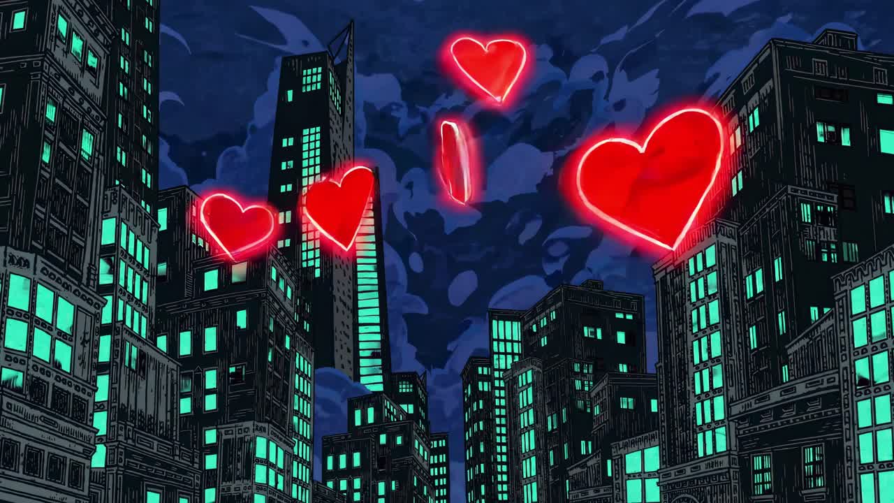 Luminous red hearts drifting across futuristic urban skyline, floating above glowing skyscrapers with vibrant green windows during dark nocturnal cityscape
