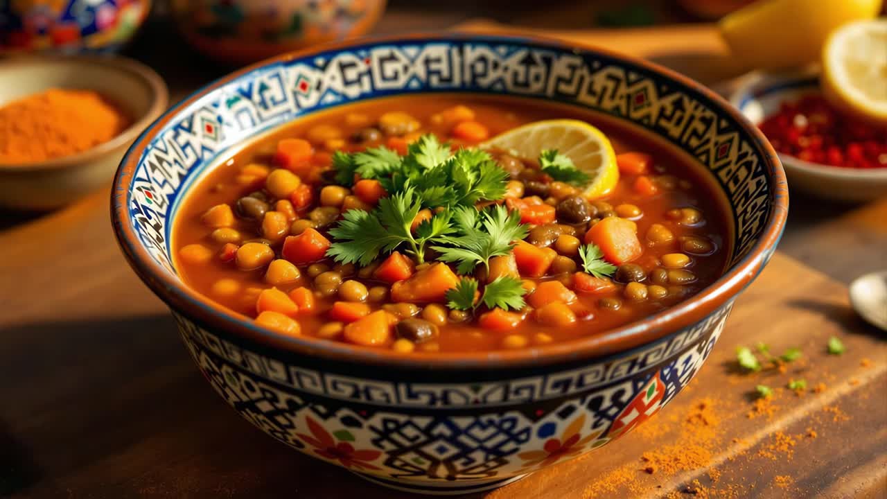 Colorful lentil soup served in a beautifully patterned bowl, garnished with fresh herbs and a slice of lemon, surrounded by spices and ingredients, showcasing a vibrant culinary scene