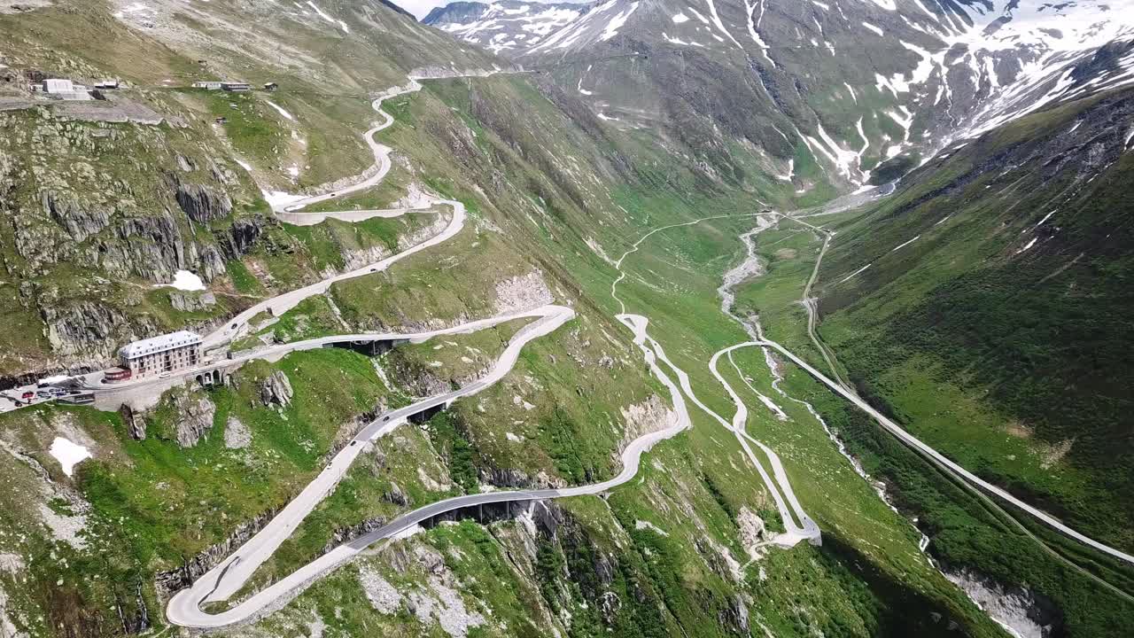 Drone footage of the complex and beautiful Furkapass in Switzerland.