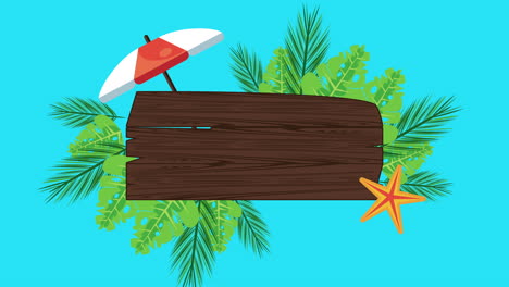temporada de vacaciones de verano con etiqueta de madera y paraguas