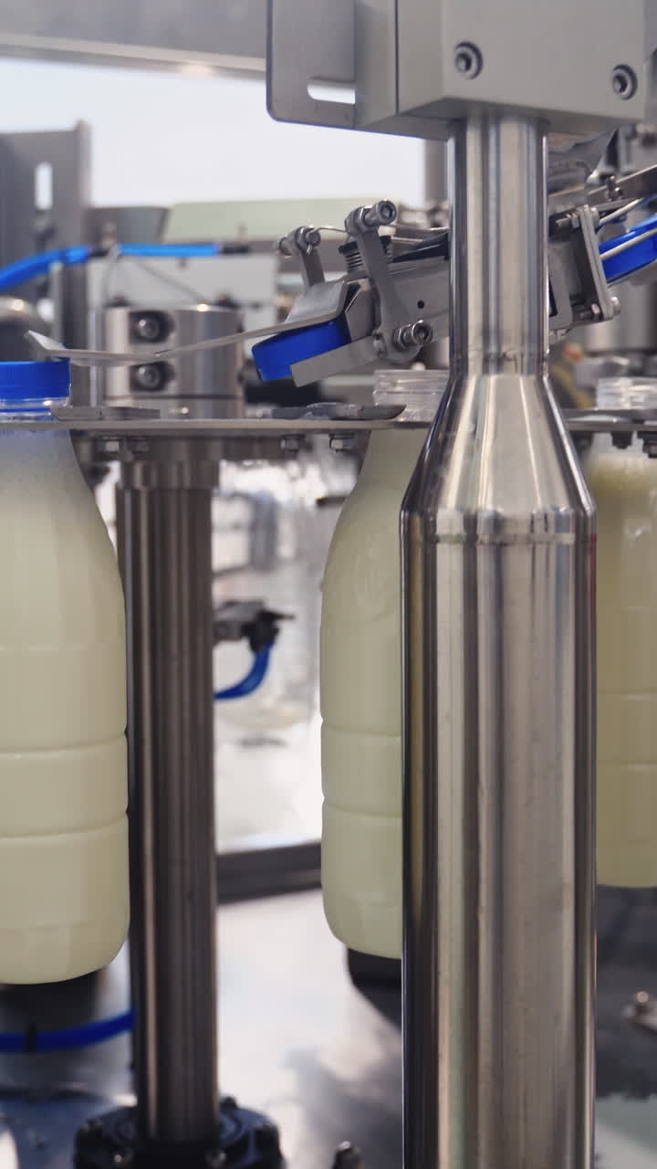 Robotic dairy plant indoors. Automatic equipment for covering plastic bottles with milk in a modern factory. Process of putting plastic lids on bottles. Vertical video