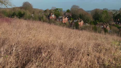 Panning-shot-from-Hilltop-with-Beautiful-Village-Nestled-in-Rolling-Hills,-Forests-and-National-Park-in-Background