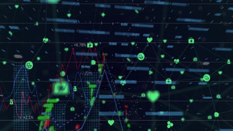 animación de gráficos, datos financieros e íconos sobre un fondo negro
