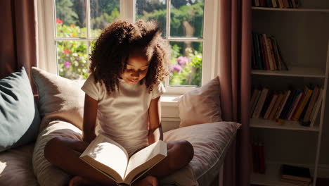 young girl reading a book on a cozy window seat
