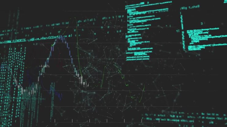 Animation of graph over connected dots and computer language against black background