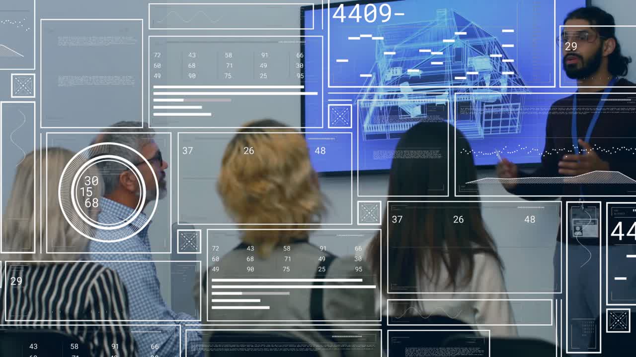 Animasjon av databehandling over ulike forretningsfolk på kontoret