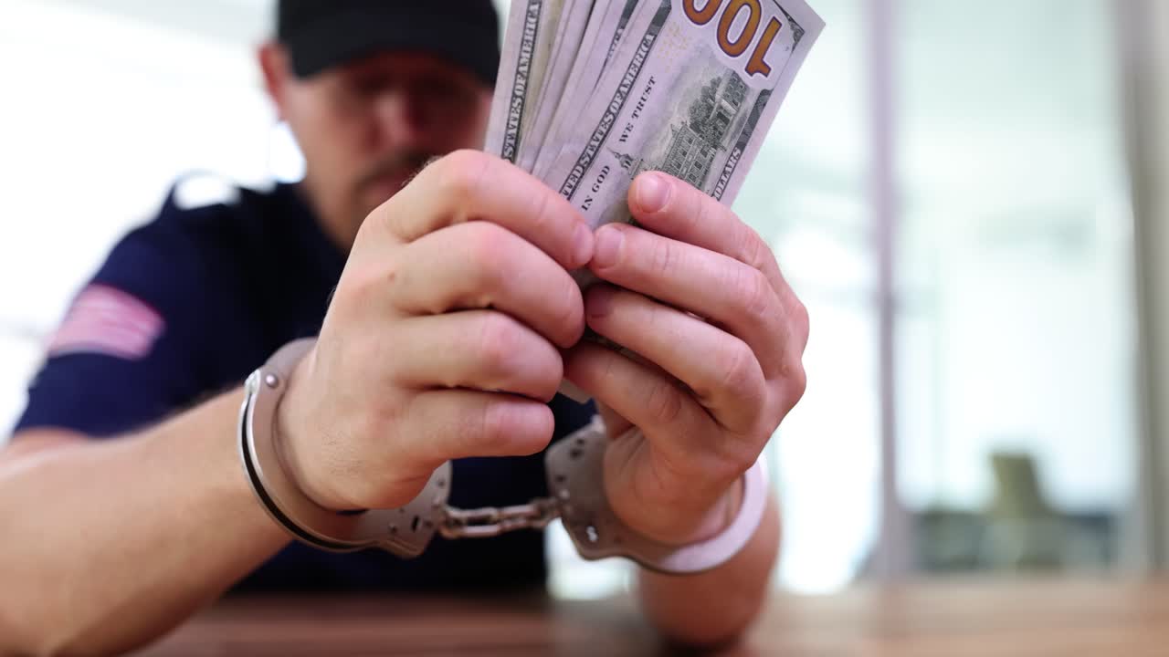 Hände in Handschellen halten einen Stapel Geld