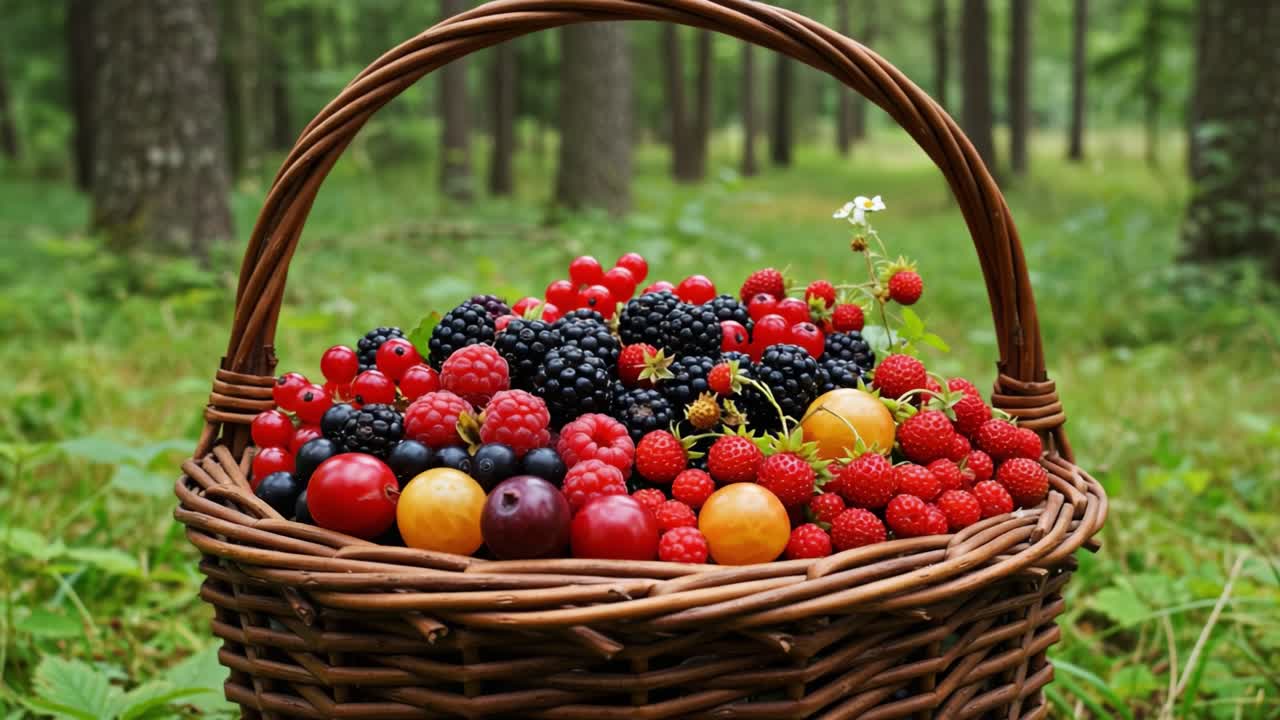 En frodig kurv med friskplukkede bær og frugter, placeret i en levende grøn skov, der viser naturens overflod og sæsonens høstglæder.