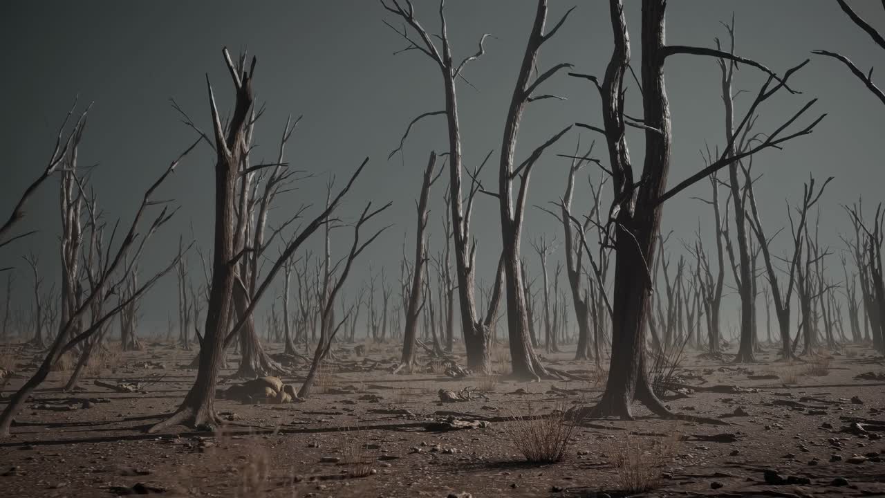A desolate forest of barren trees under a gray sky, captured from a low-angle, creating a haunting