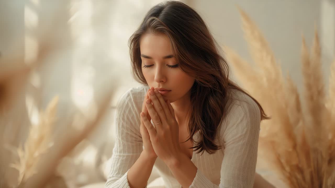Pausing reflecting, woman opening eyes, shifting gaze toward camera in room, sweater, pampas grass
