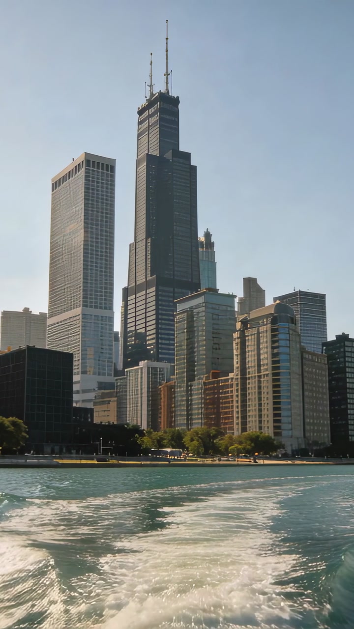 Vertical video: Departing boat creating foamy wake, camera showing dark tower skyline at lakeside