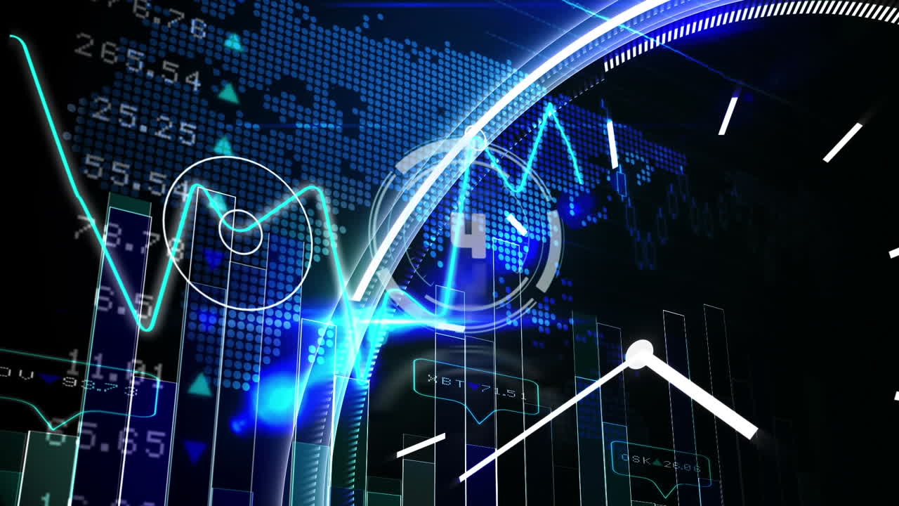 Animation of graphs, numbers and digital clock over map against black background