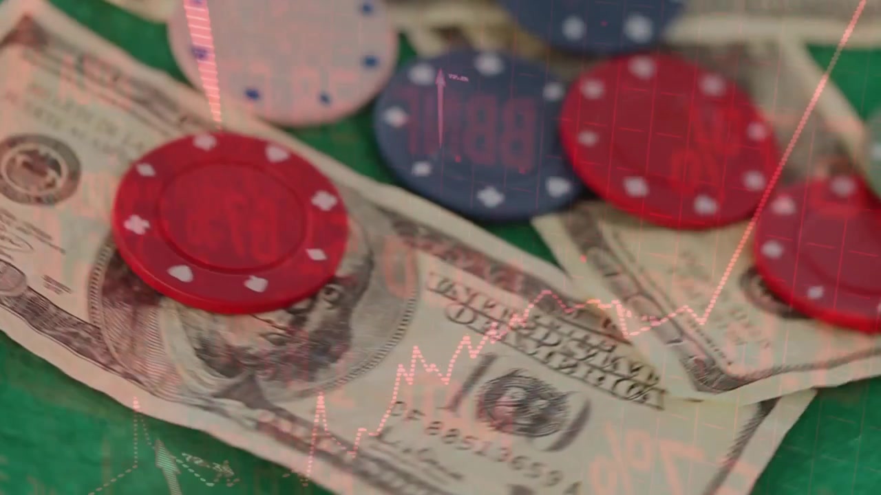 Lignes de graphique fluctuant sur un tapis vert, billets de banque s'empilant et jetons tombant, illustrant la croissance du marché