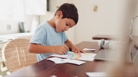 art, learning and kid on table in home