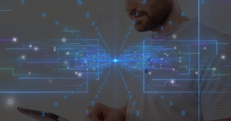 Male tapping tablet, causing hologram data streams and grids pulsing for technology navigation