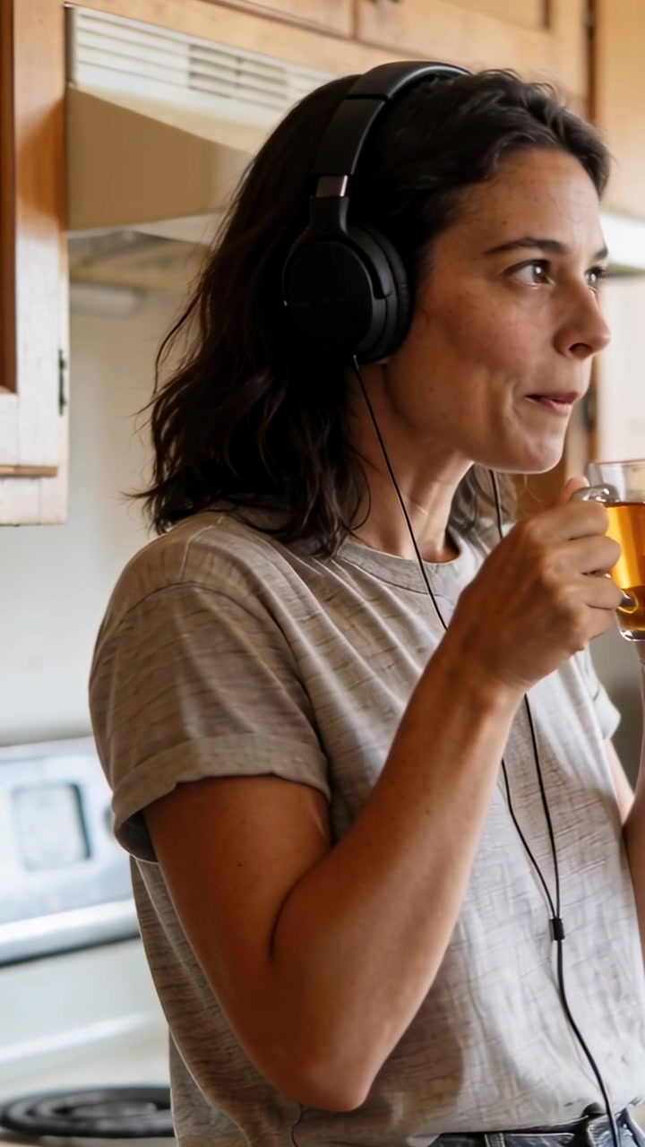 Vídeo vertical: Segurando uma caneca de vidro, mulher de camiseta cinza ajustando fones de ouvido pretos, tomando chá na cozinha.
