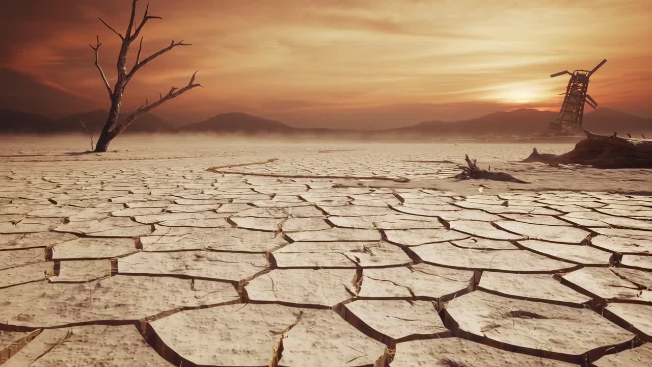 ひび割れた砂漠の風景を広角で捉えたビデオ。夕暮れ時、枯れ木と山々が広がる情景です。