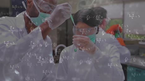 animation of mathematical equations over diverse scientist in lab cityscape