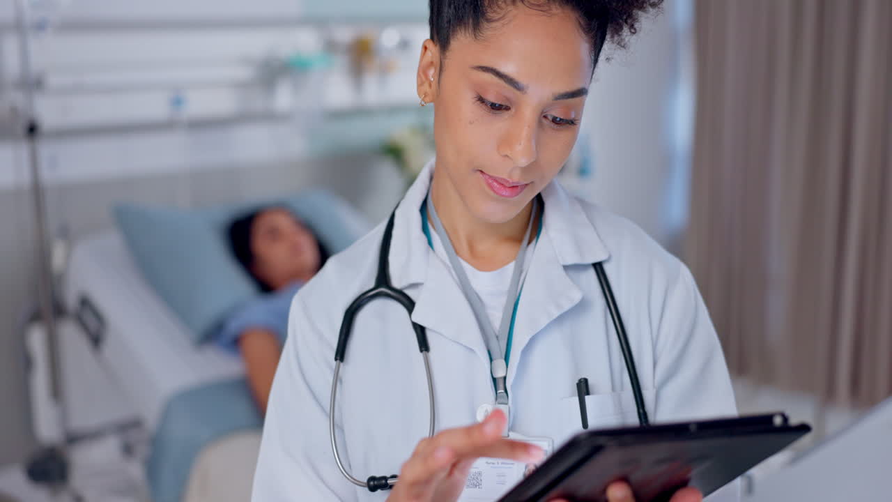 Woman, doctor and tablet in research for medical