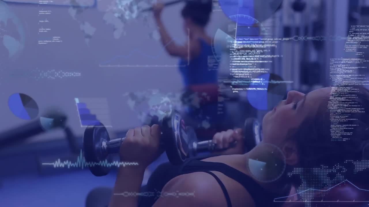 여성이 몸무게를 들어 올리고 체육관에서 운동하는 데이터 처리의 애니메이션